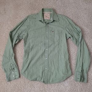 Y2K Men's Hollister Striped Button Down Preppy Shirt M Green White Stripe